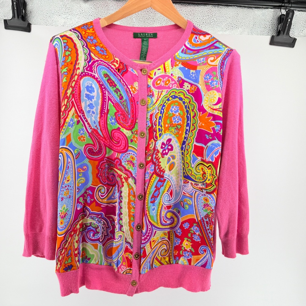 Lauren Ralph Lauren 2X Pink Paisley Silk Cashmere Cardigan Sweater Plus